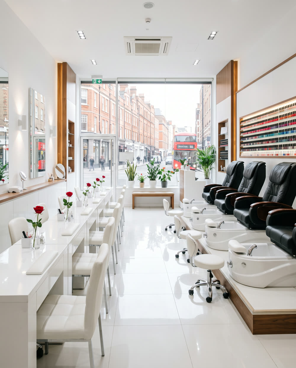 Bright nail salon with white manicure tables, red roses and black pedicure chairs
